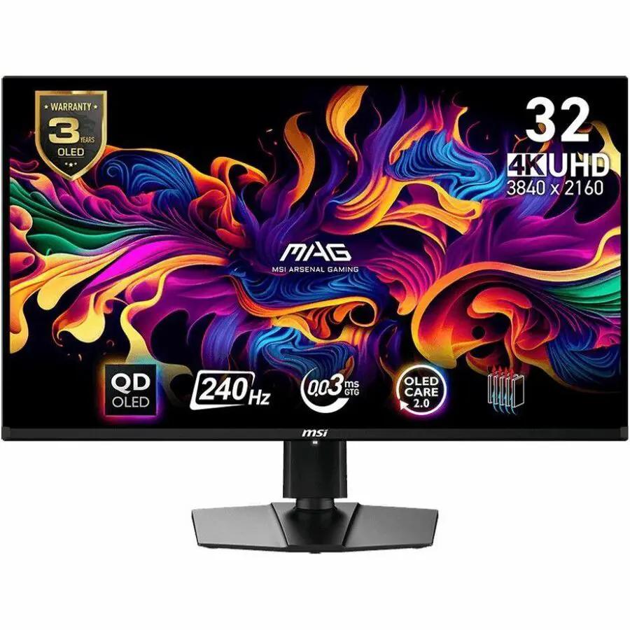 MSI MAG 321UPX 32-inch QD-OLED 4K 240 Hz gaming monitor on stand, black.