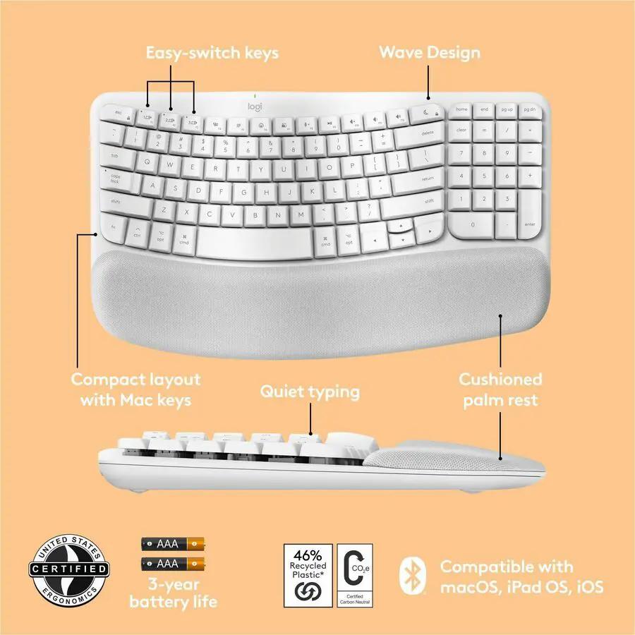 Logitech Wave Keys for Mac, Wireless Ergonomic Keyboard with Cushioned Palm Rest, Comfortable Natural Typing, Bluetooth Keyboard, Easy-Switch, Optimized for Mac, Apple, iPad, Off-white