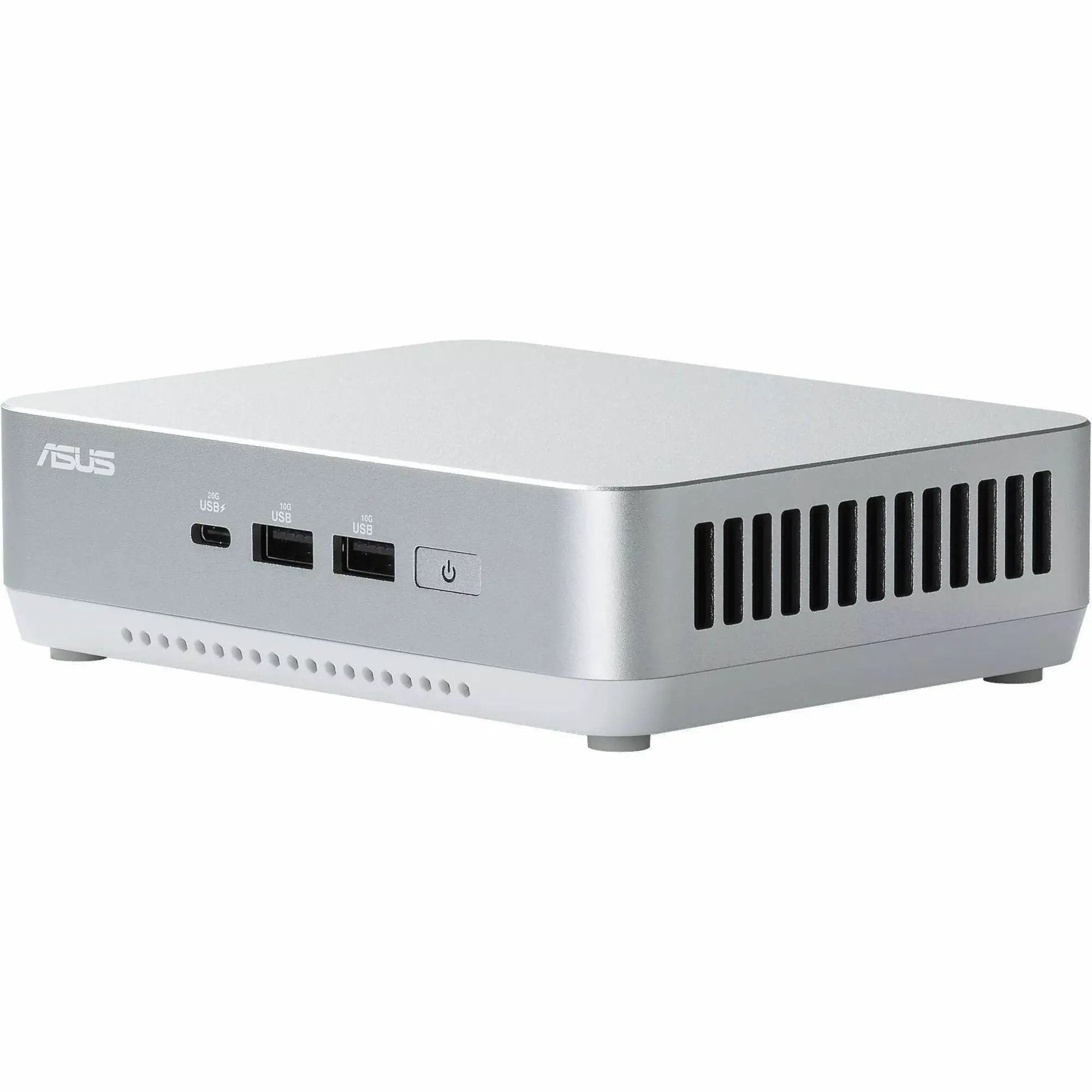 ASUS Pro Plus Mini PC desktop in a silver metal chassis with front USB ports and power button