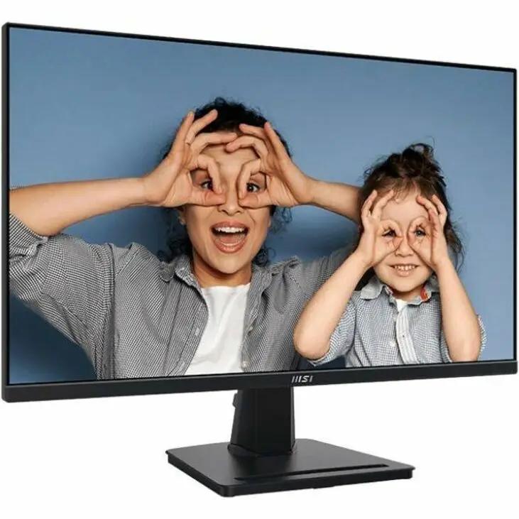 MSI Pro MP275Q 27-inch WQHD monitor with matte black bezel on a stand; screen shows two people making goggles.