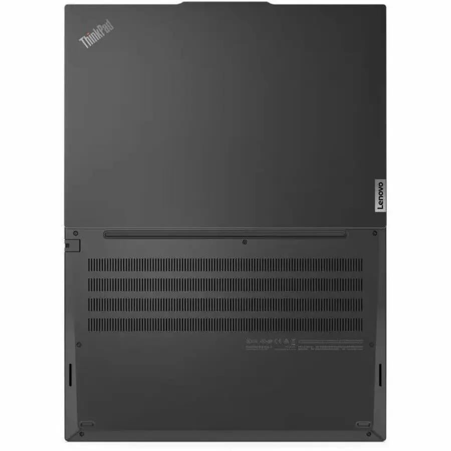 Lenovo ThinkPad E16 Gen 2 notebook bottom view in black with rear vented panel and visible ThinkPad logo