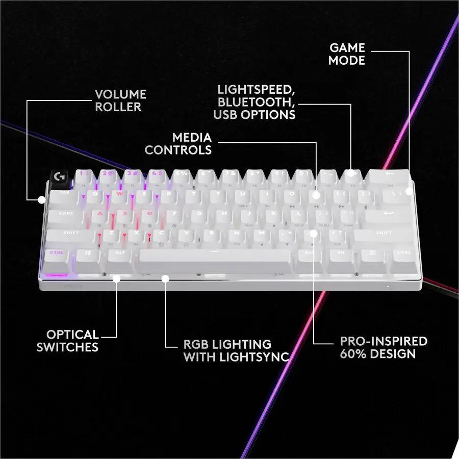 Logitech G PRO X 60 LIGHTSPEED Wireless Gaming Keyboard, Ultra Compact TKL 60% Mechanical Keyboard for Windows PC, LIGHTSYNC RGB, Dual-Shot PBT Keycaps, GX Optical Linear Switches, White