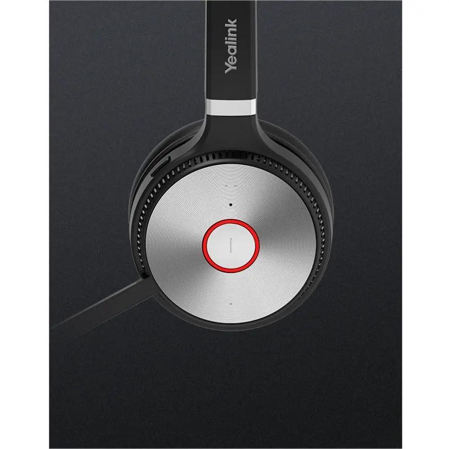 Yealink WH62 Mono Teams V3 headset, black with silver circular earcup and red ring.