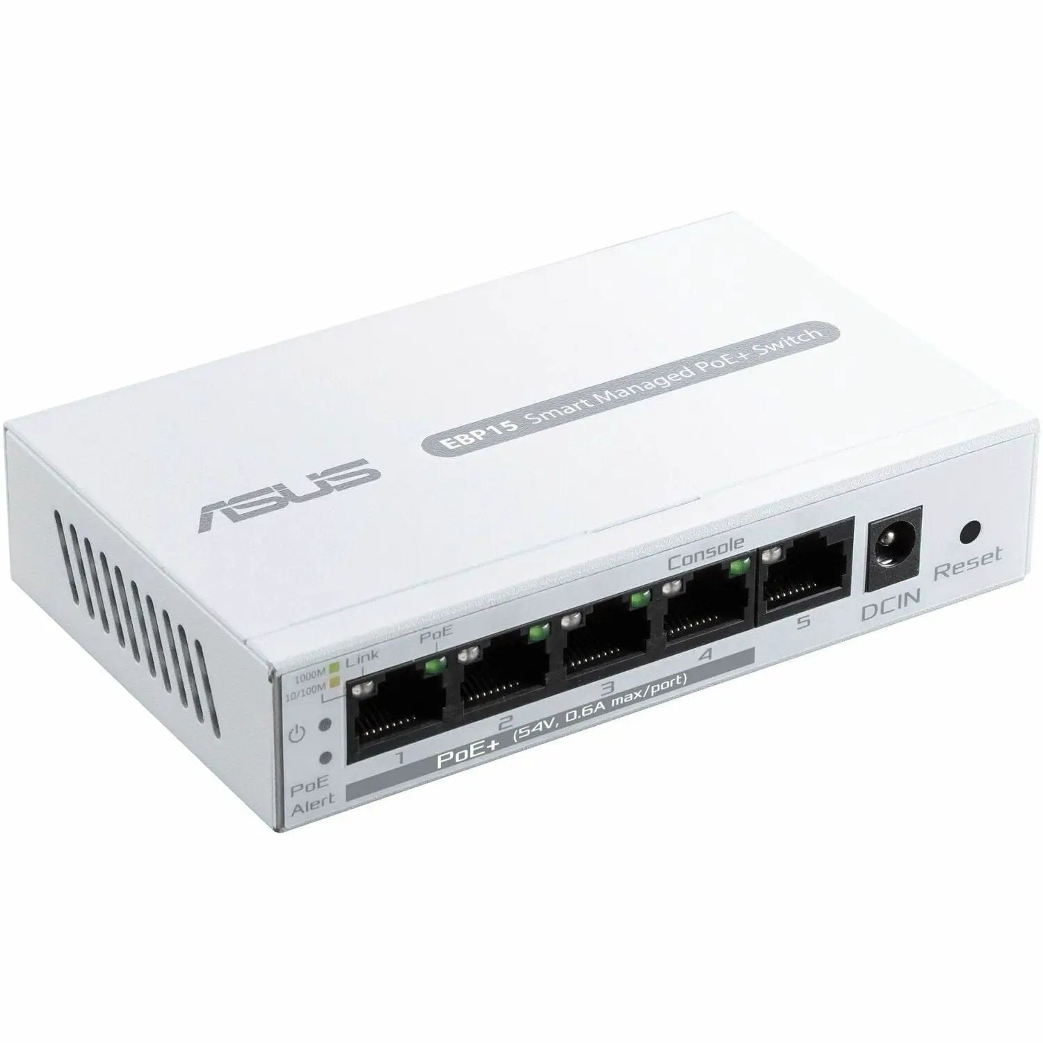 ASUS EBP15 5-Port Gigabit PoE+ Smart Managed Switch, white enclosure on white background