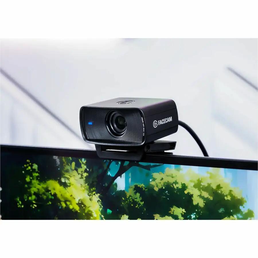 Elgato FaceCam MK.2 webcam; black, mounted on top of a computer monitor, USB-C.