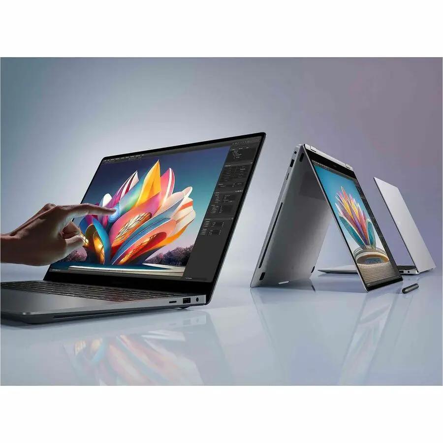 Three Samsung Galaxy Book4 notebooks (silver), 2-in-1 convertibles on a reflective surface.
