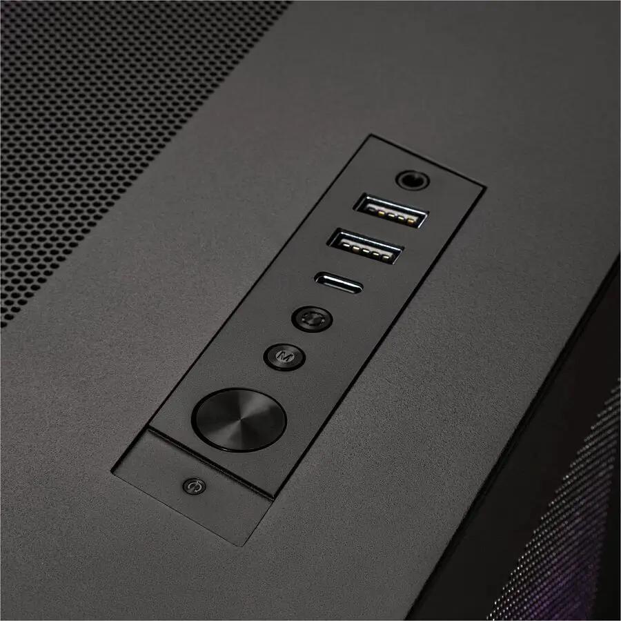 CLX Horus Gaming Desktop black mid-tower PC front I/O panel with USB-A, USB-C, audio jacks, and power button