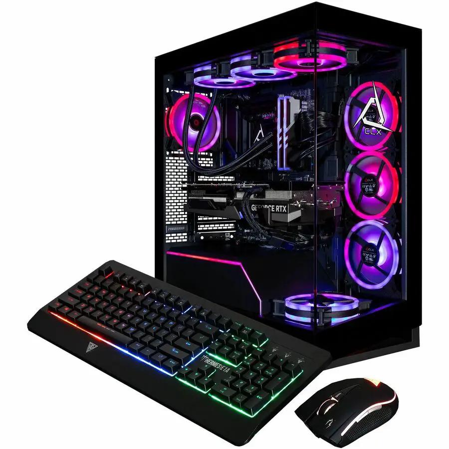 CLX Horus Gaming Desktop black mid-tower PC with RGB-lit case fans, keyboard, and mouse