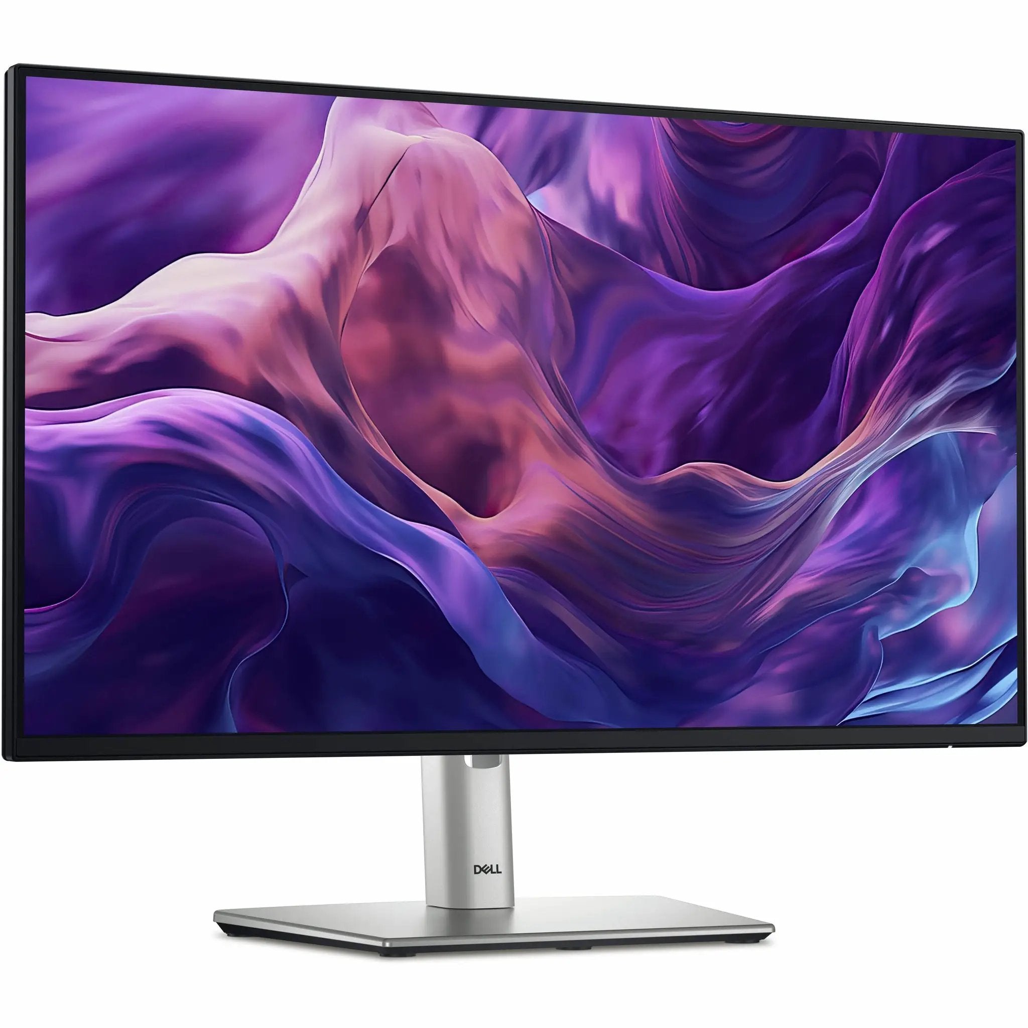 Dell P2425HE 24-inch FHD monitor on silver stand with black bezel