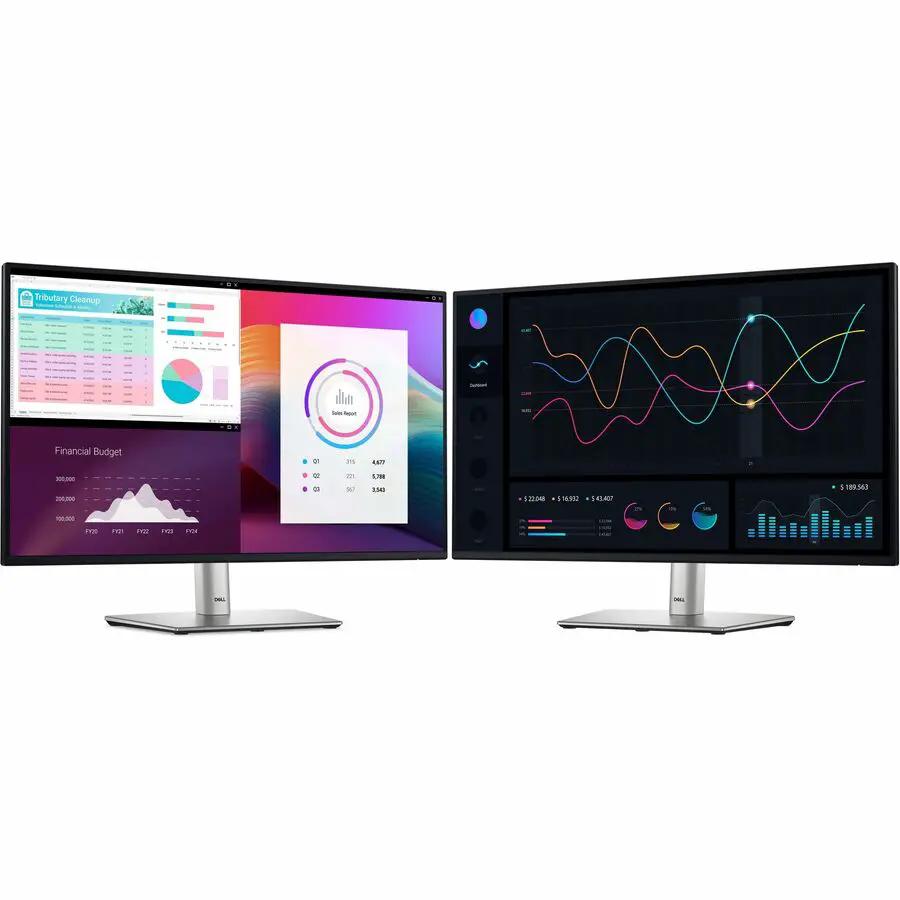 Dell P2725HE 27-inch dual-monitor setup, black bezels and silver stands