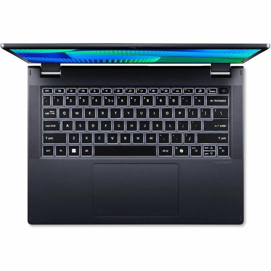 Acer TravelMate 2-in-1 Laptop top view, dark gray chassis with black keyboard