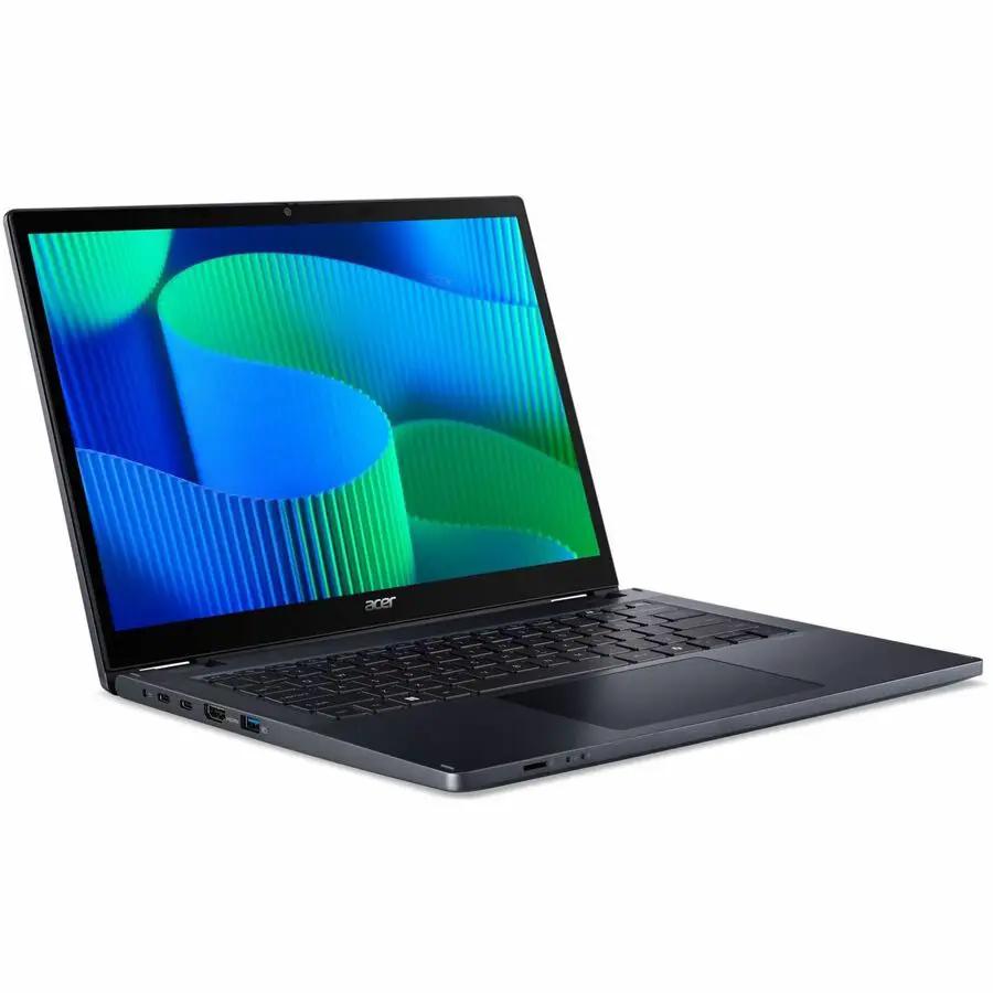Acer TravelMate 2-in-1 laptop in dark gray with slim profile and visible Acer logo.