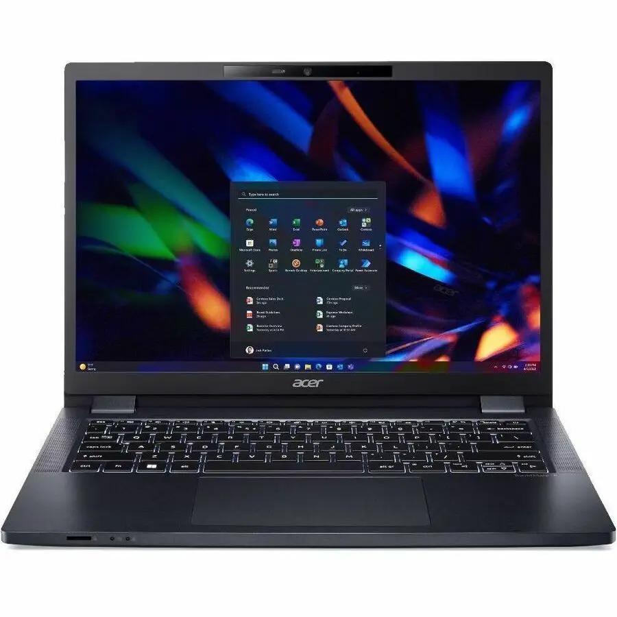 Acer TravelMate 16 laptop, black, 16-inch notebook open with Windows desktop.