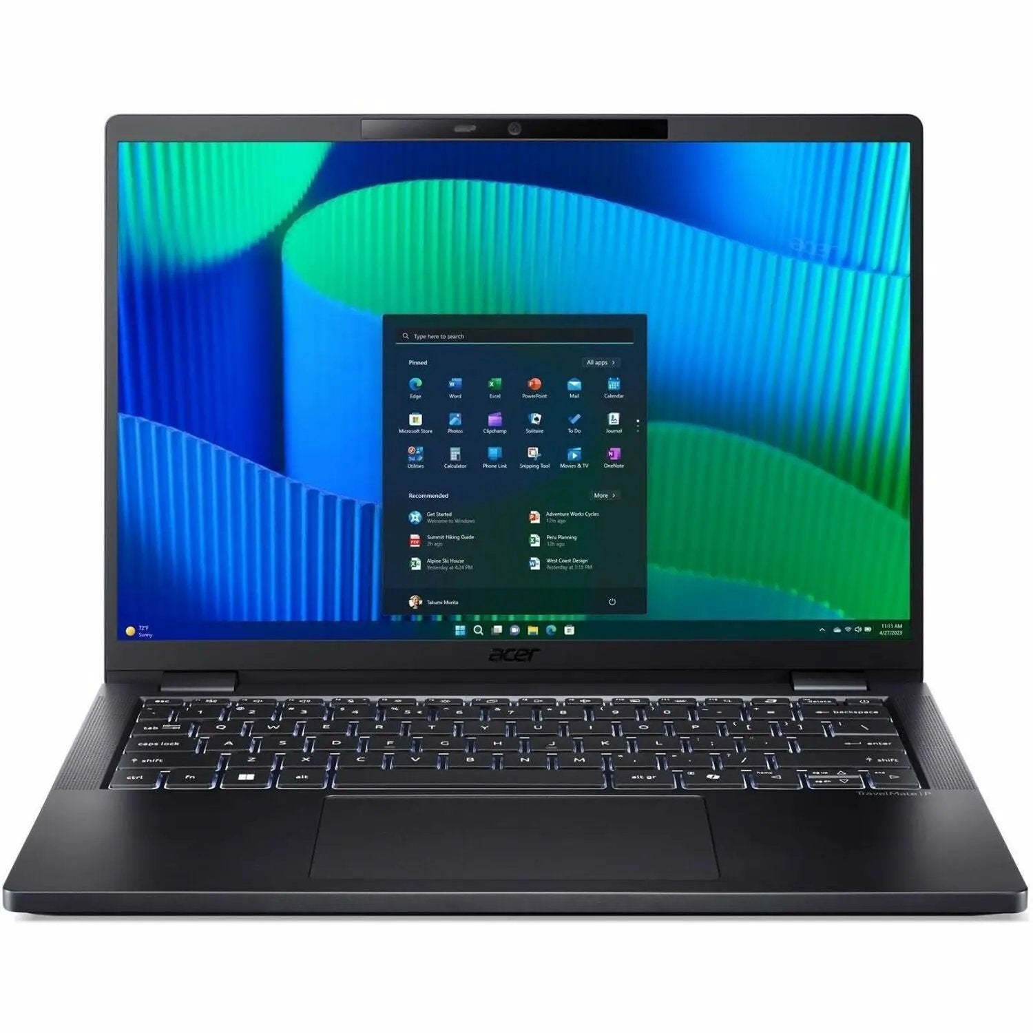 Acer TravelMate P6 14-inch laptop, black, open with Windows desktop.