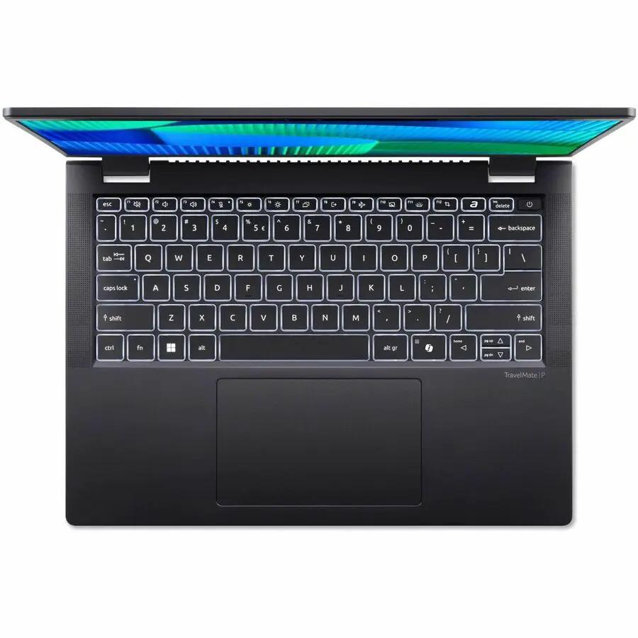 Acer TravelMate P6 laptop, black, top-down view of keyboard with open lid.