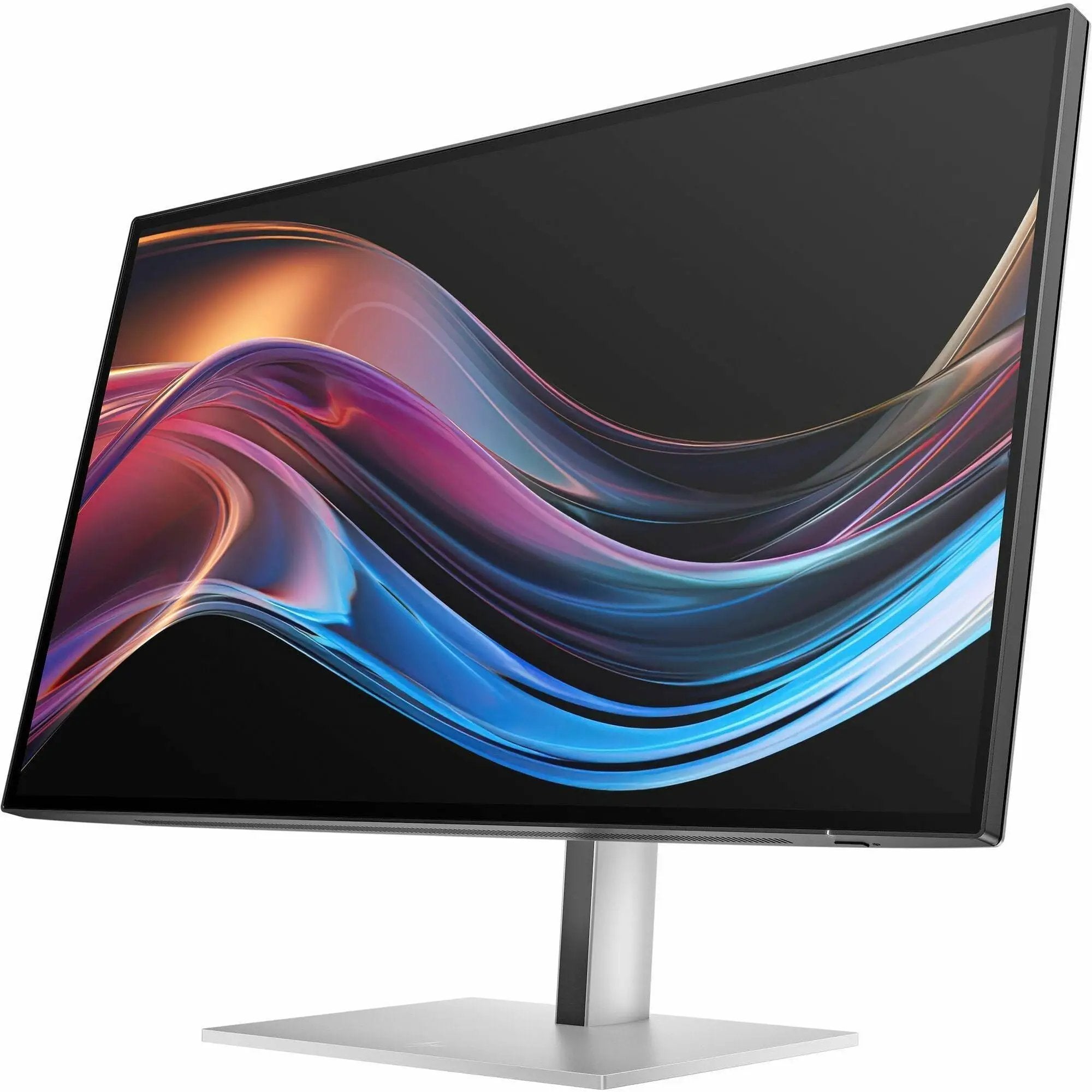 HP 727pk 27-inch 4K UHD LCD monitor on a silver stand, angled view.