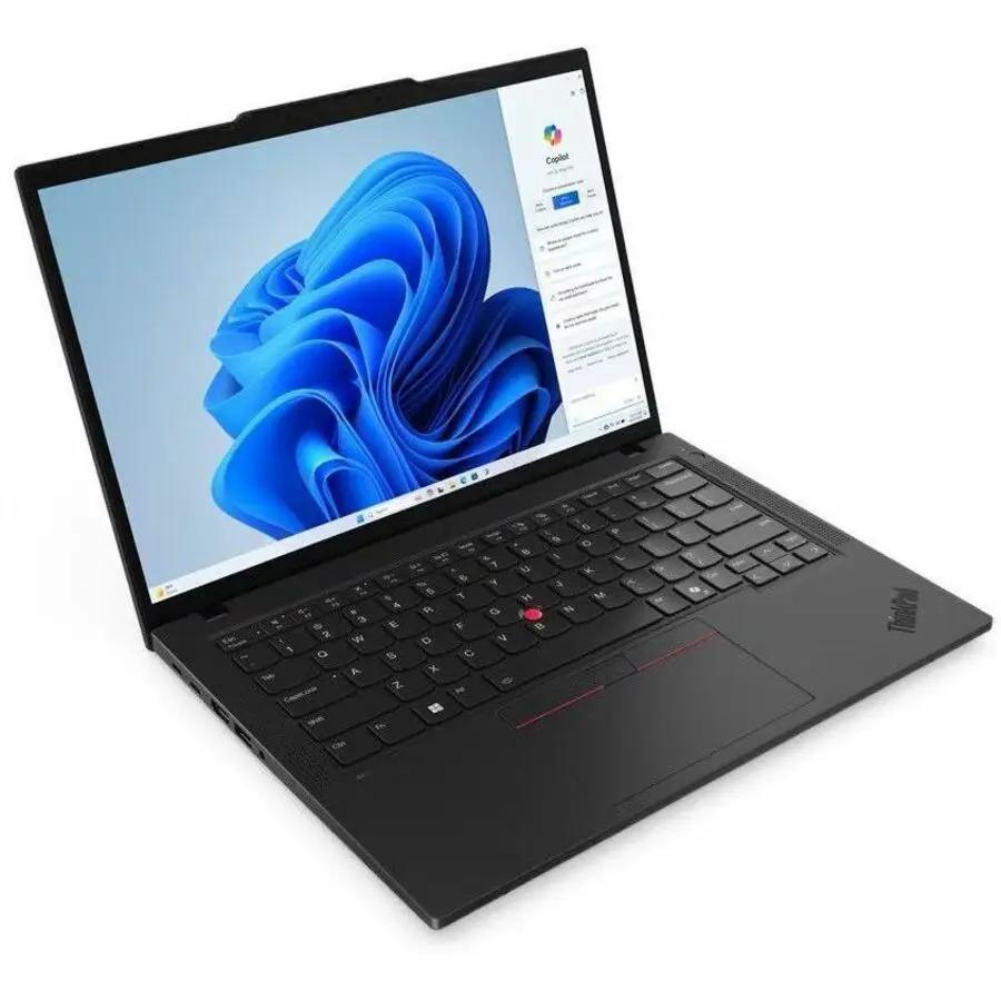 Lenovo ThinkPad T14 Gen 5 laptop, black 14-inch display with red TrackPoint and slim, professional design