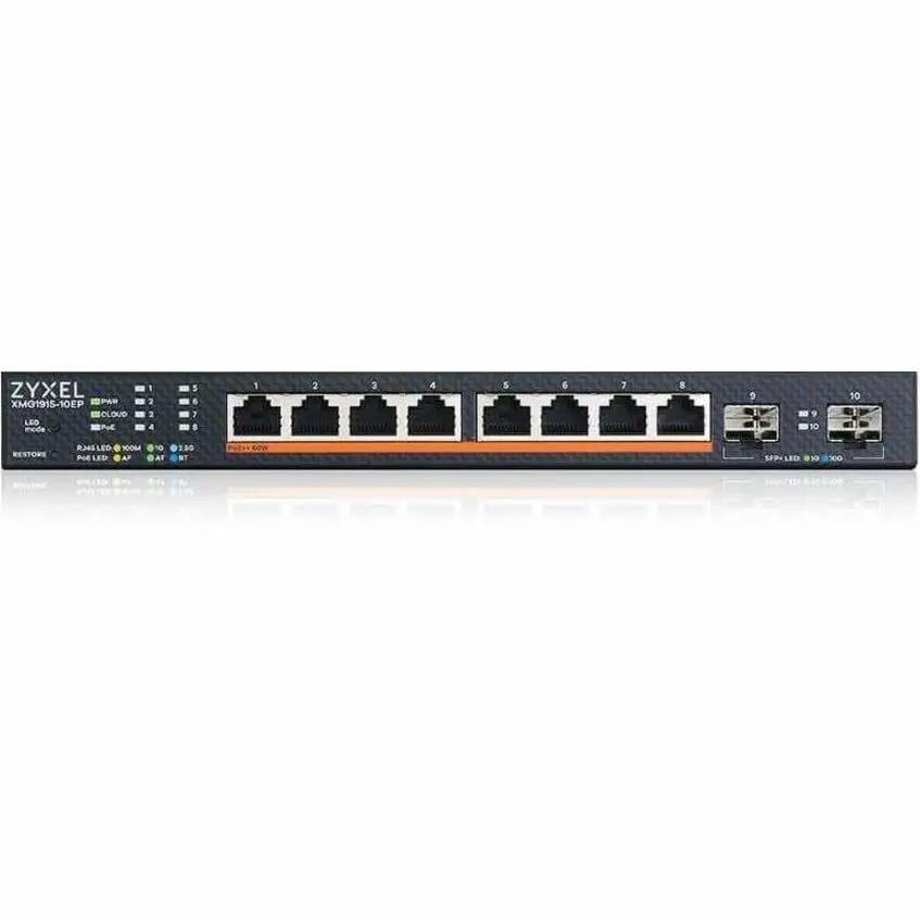 Zyxel XMG1915 8-Port PoE+ switch, front view with eight RJ-45 ports and two SFP uplink ports.
