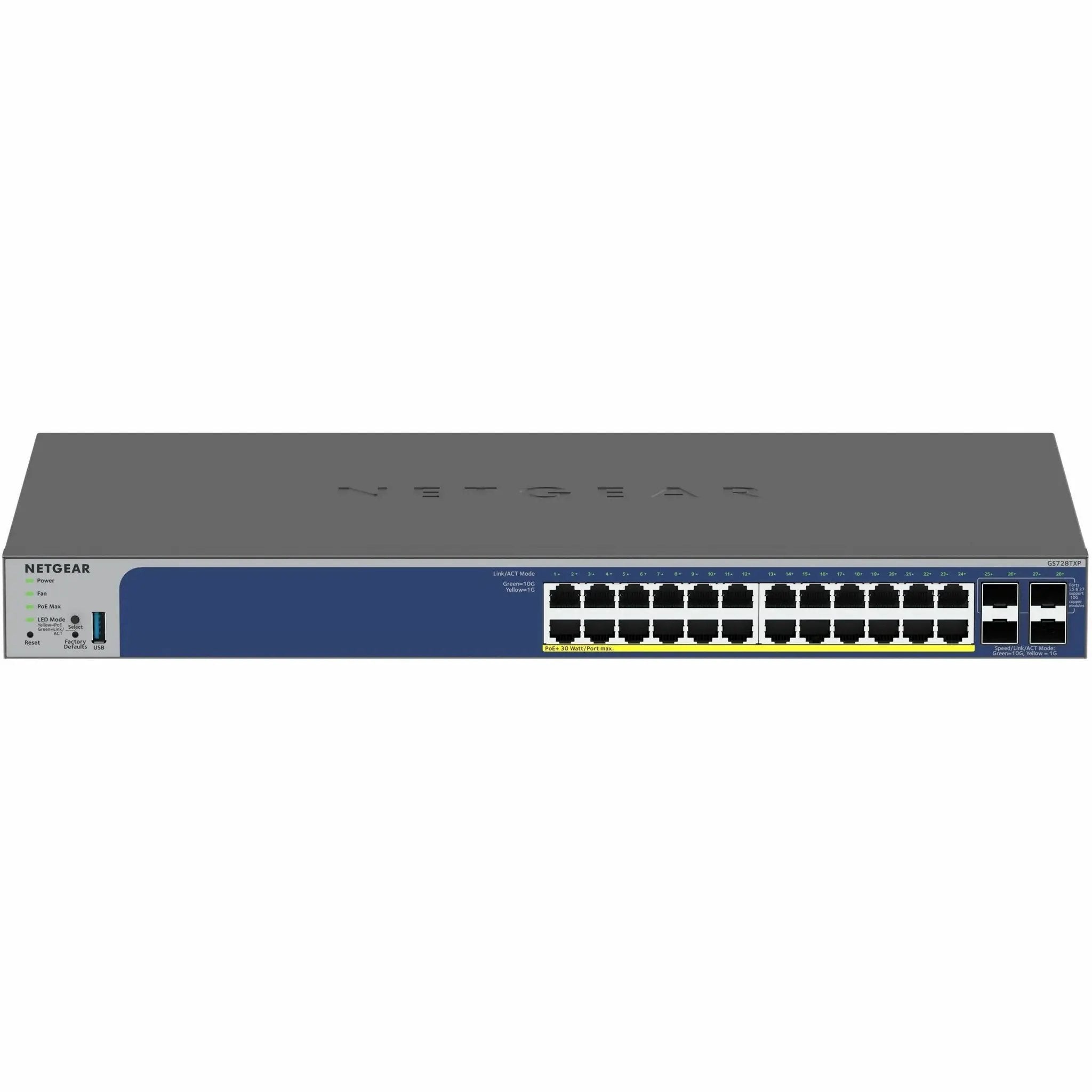 NETGEAR GS728TXPv3 24-port Gigabit PoE+ Smart Switch on a surface