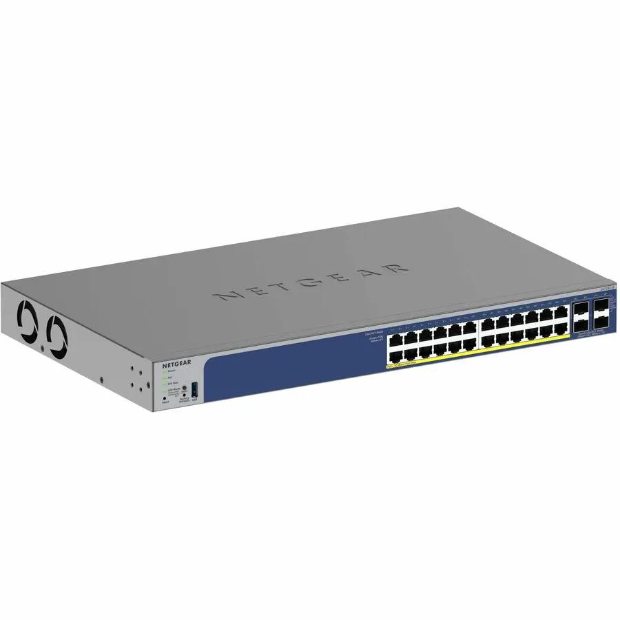 NETGEAR GS728TXPv3 24-Port Gigabit PoE+ Smart Switch, front view with blue front panel