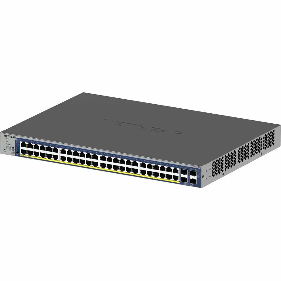 Netgear 48-Port PoE+ SFP+ Smart Switch SWTH, gray metal chassis with blue front panel.