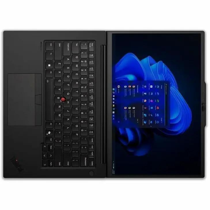 Lenovo ThinkPad P14s Gen 5 laptop, black, opened with keyboard on left and screen on right.