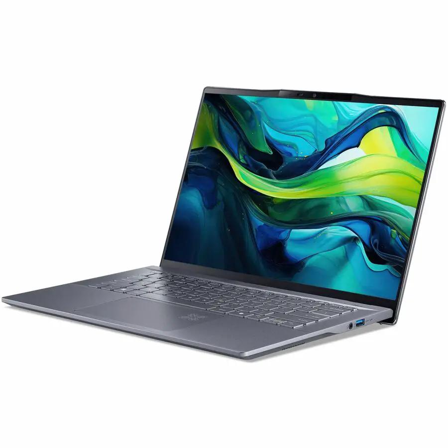 Acer Swift 14 AI notebook in silver with slim bezels, 16GB RAM, WQXGA 120 Hz display.