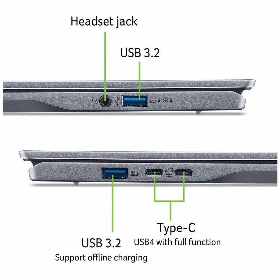 Acer Swift 14 AI Notebook ports on silver chassis: headset jack, USB 3.2, USB-C with full function