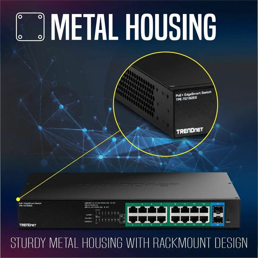 TRENDnet EdgeSmart TPE-TG182ES 18-port Gigabit PoE+ switch in black metal rackmount enclosure