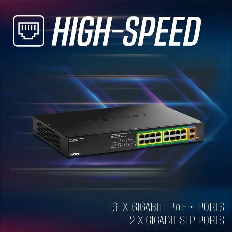 TRENDnet EdgeSmart TPE-TG182ES 18-Port Gigabit PoE+ Switch, black metal enclosure
