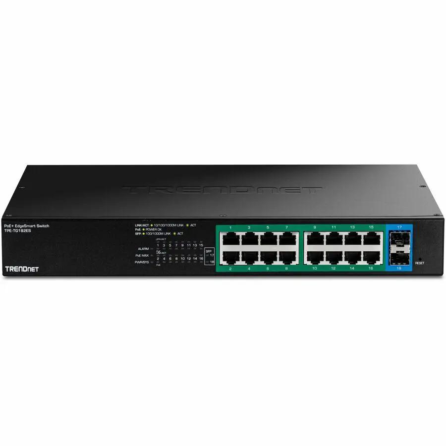 TRENDnet EdgeSmart TPE-TG182ES 18-Port Gigabit PoE+ Switch, black front view