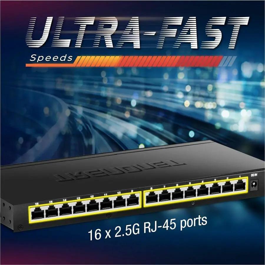 TRENDnet 16-Port 2.5G Unmanaged Switch with yellow-framed RJ-45 ports