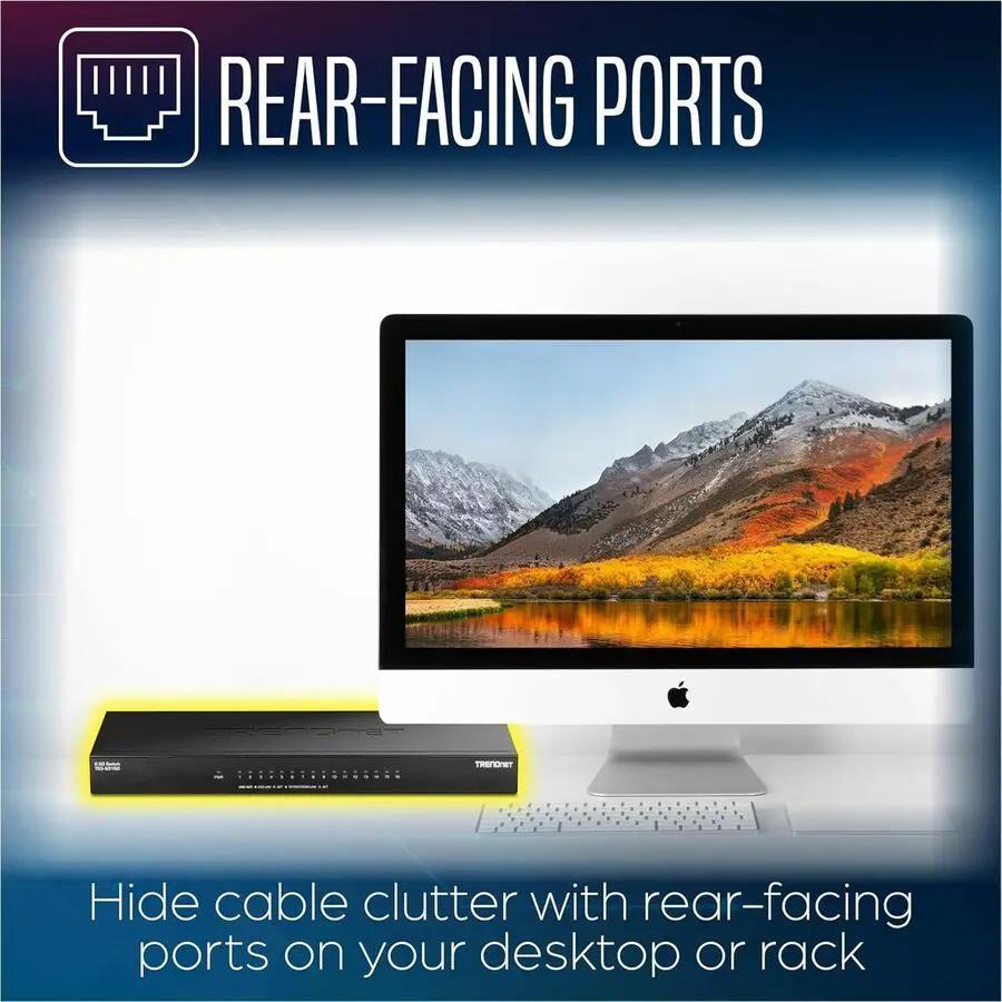 TRENDnet 16-Port 2.5G Unmanaged Switch on a desk, black finish beside an iMac