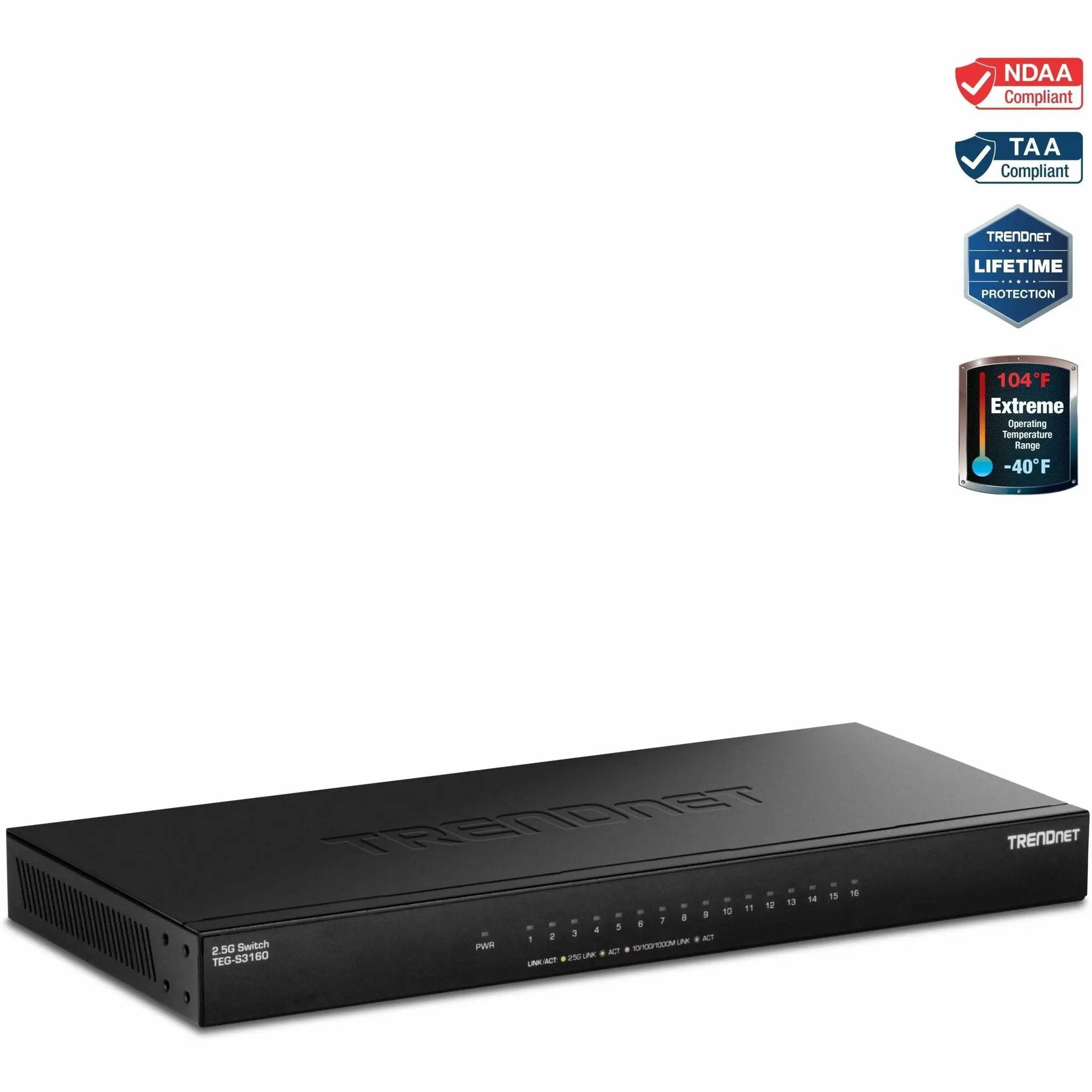 TRENDnet Unmanaged 16-Port 2.5G Switch, black metal chassis with 16 front ports