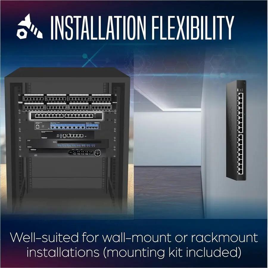 TRENDnet 16-Port 2.5G unmanaged switch, black and rack- and wall-mountable with mounting kit included