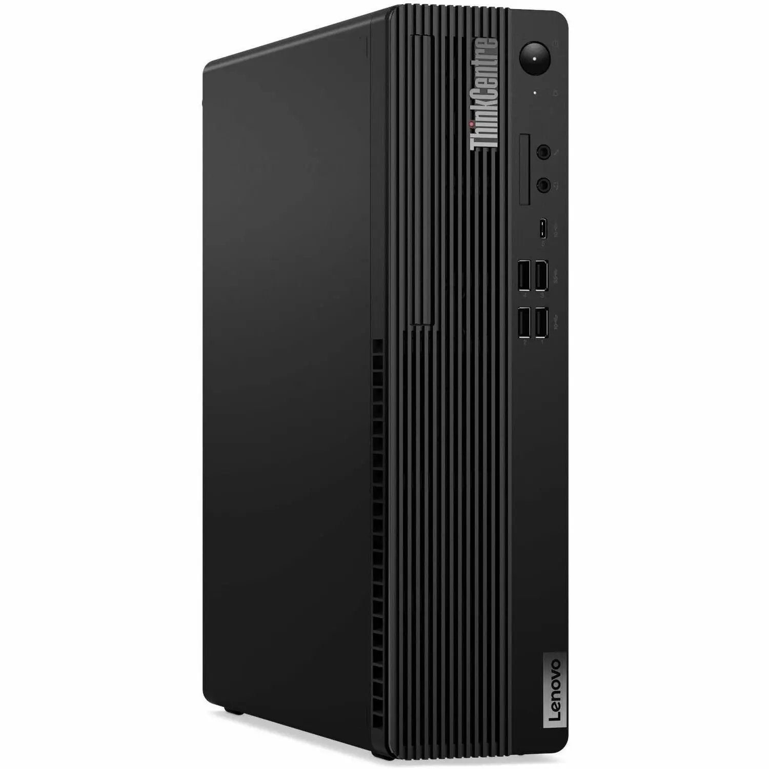 Lenovo ThinkCentre M90s Gen 5 desktop tower in black with front USB ports and power button.