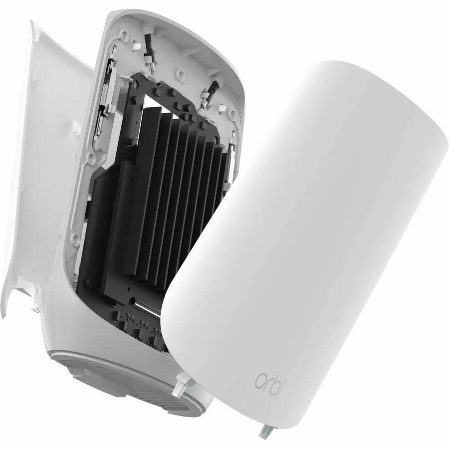 NETGEAR Orbi AX4200 WiFi 6 router, white, with cover removed showing internal heatsink.