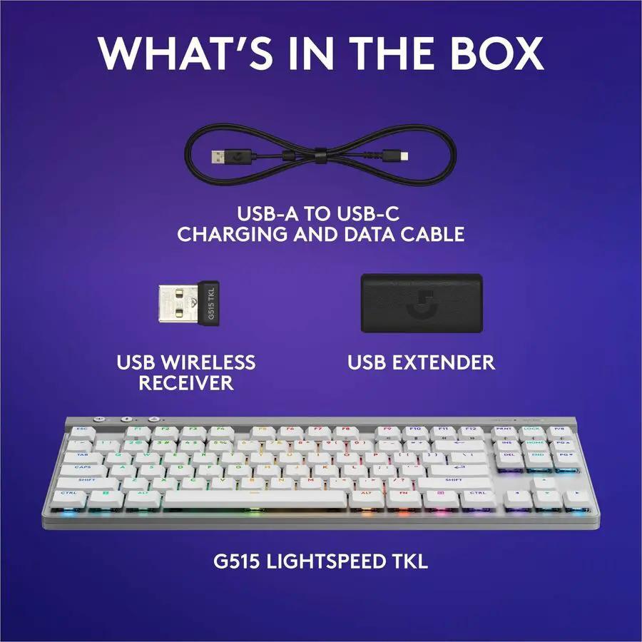 Logitech G515 LIGHTSPEED TKL Low Profile Wireless Gaming Keyboard, LIGHTSYNC RGB, Thin Tenkeyless Design, PBT Keycaps, Tactile (Brown) Mechanical Switches, White