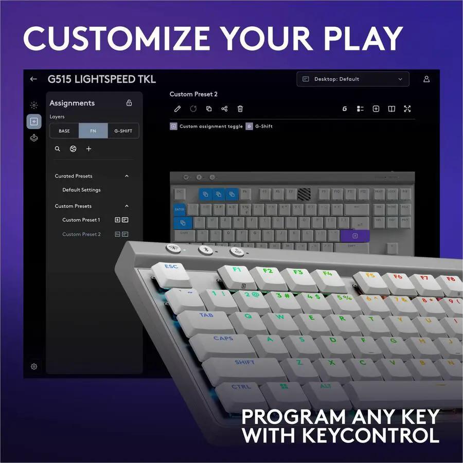 Logitech G515 LIGHTSPEED TKL Low Profile Wireless Gaming Keyboard, LIGHTSYNC RGB, Thin Tenkeyless Design, PBT Keycaps, Tactile (Brown) Mechanical Switches, White