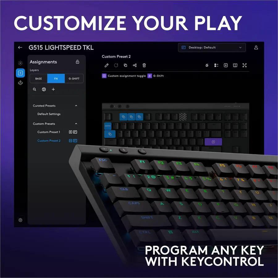 Logitech G515 LIGHTSPEED TKL Low Profile Wireless Gaming Keyboard, LIGHTSYNC RGB, Thin Tenkeyless Design, PBT Keycaps, Linear (Red) Mechanical Switches, Black