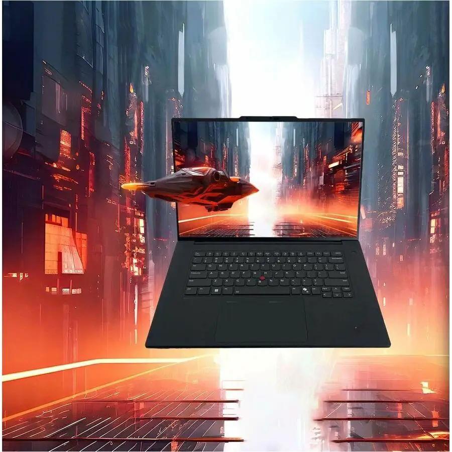 Lenovo P1 Gen 7 Workstation laptop, black, 16-inch display, floating in a futuristic city scene