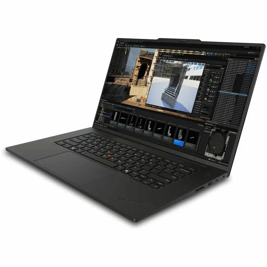 Lenovo ThinkPad P1 Gen 7 laptop, black, open with editing software on screen