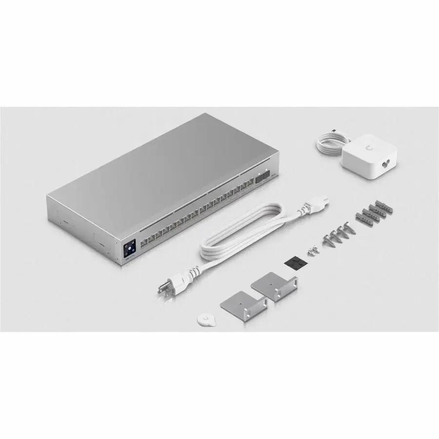 Etherlighting Pro Max 16-Port 2.5GbE SFP+ Managed Switch, Ubiquiti, silver metal chassis with power supply and mounting hardware.