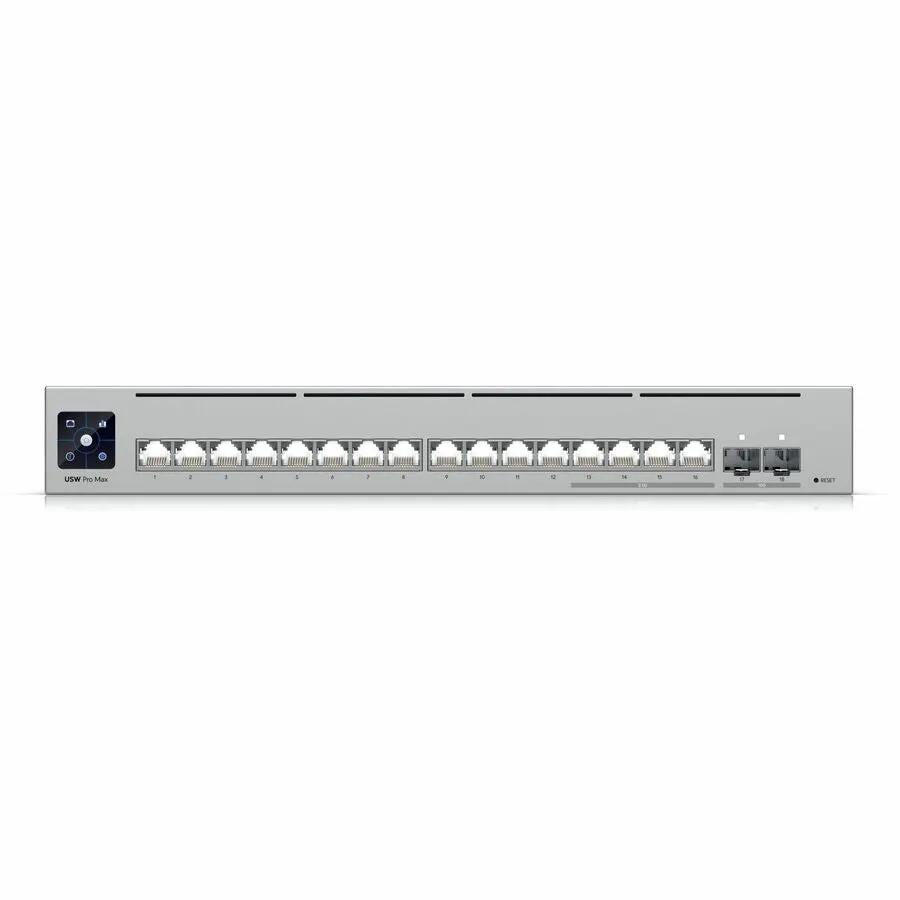 Etherlighting Pro Max 16-Port 2.5GbE SFP+ Managed Switch by Ubiquiti, silver metal chassis with 16 front RJ45 ports