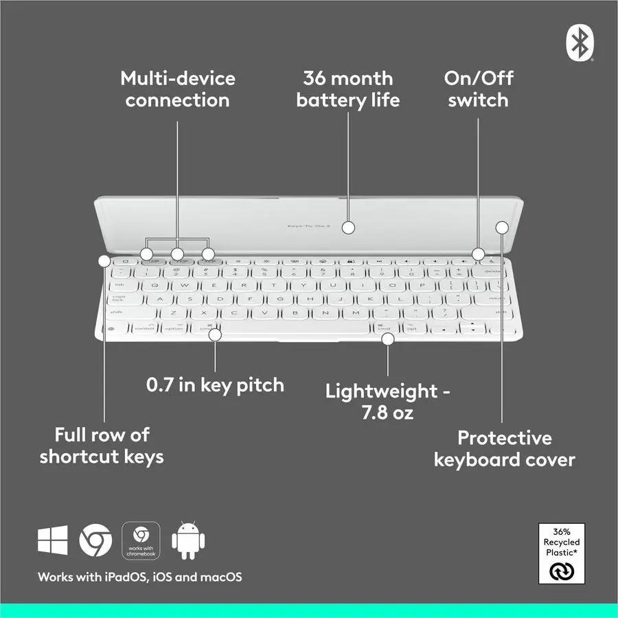 Logitech Keys-To-Go 2 Portable Wireless iPad Keyboard With Built-in Cover, Slim and Compact Wireless Keyboard for iPad, iPhone, Mac, and Apple TV, Easily Switch Between Devices (Pale Grey)