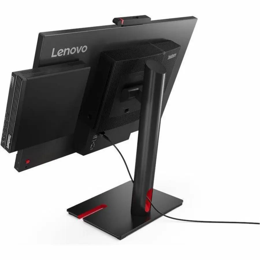 Lenovo ThinkCentre M75q Gen 5 mini PC; black compact desktop with red-accent stand