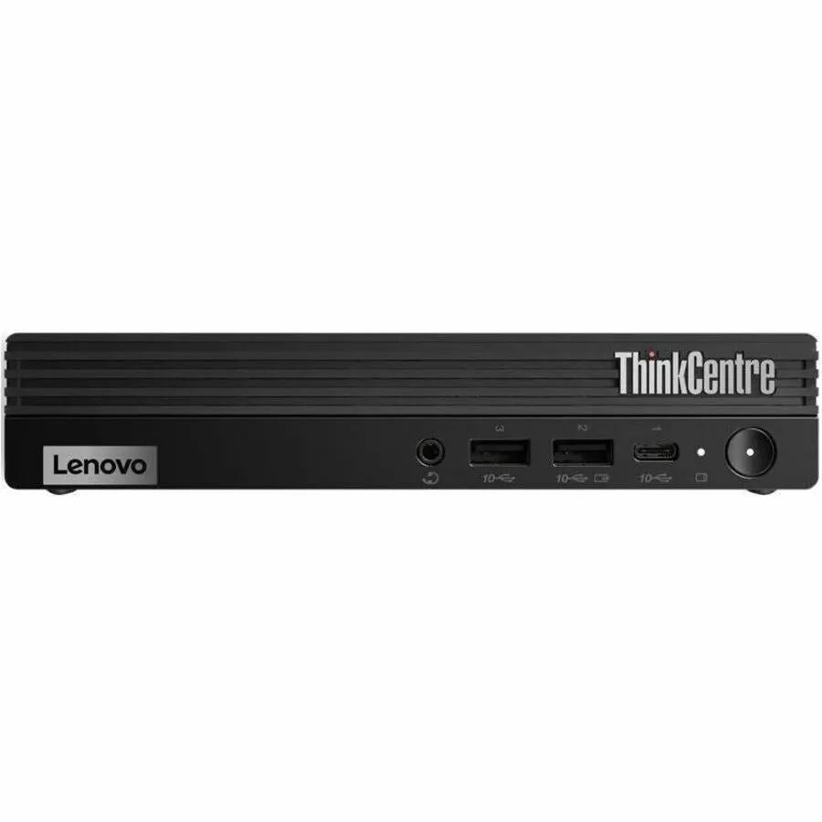 Lenovo ThinkCentre M75q Gen 5 Mini PC front view in black with USB ports and power button
