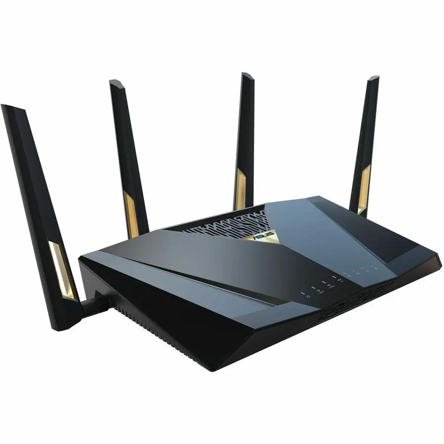 ASUS RT-BE88U 10GbE wireless router with four external antennas, black with gold accents