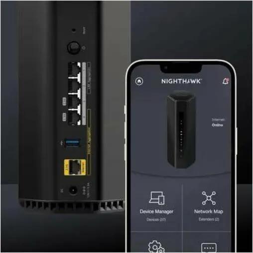 NETGEAR Nighthawk RS300 black router shown upright with a smartphone displaying the Nighthawk app.