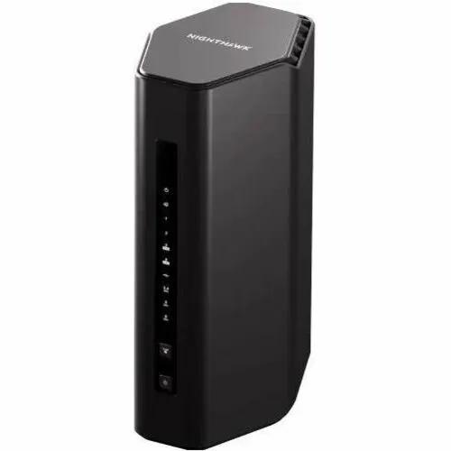 Netgear Nighthawk RS300 Gigabit Managed Router, black vertical wireless router with LED indicators